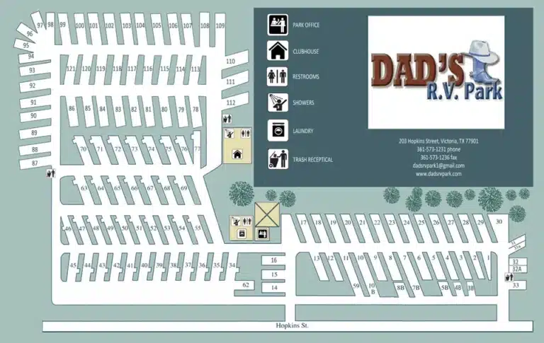 Dad's RV Park map with RV spaces and amenities.