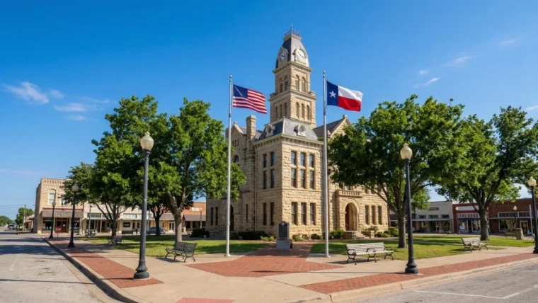 Historic Texas courthouse with American and Texas flags in downtown square