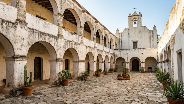 Historic mission courtyard with arches, stone walkway, and potted desert plants