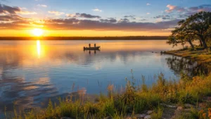 Sunset over the lake near Dad’s RV Park with a small boat on the water and trees along the shoreline