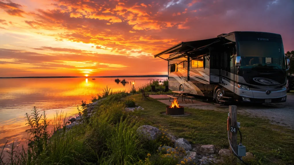 Lakeside RV campsite at sunset with a motorhome, campfire, and peaceful water view