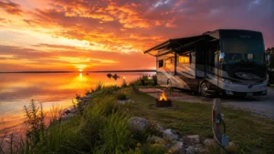 Lakeside RV campsite at sunset with a motorhome, campfire, and peaceful water view