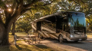 Luxury RV parked at a shaded campsite with picnic tables under large trees near Dad’s RV Park