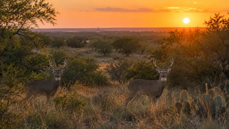 Two deer standing in brush at sunset in a Texas wildlife area