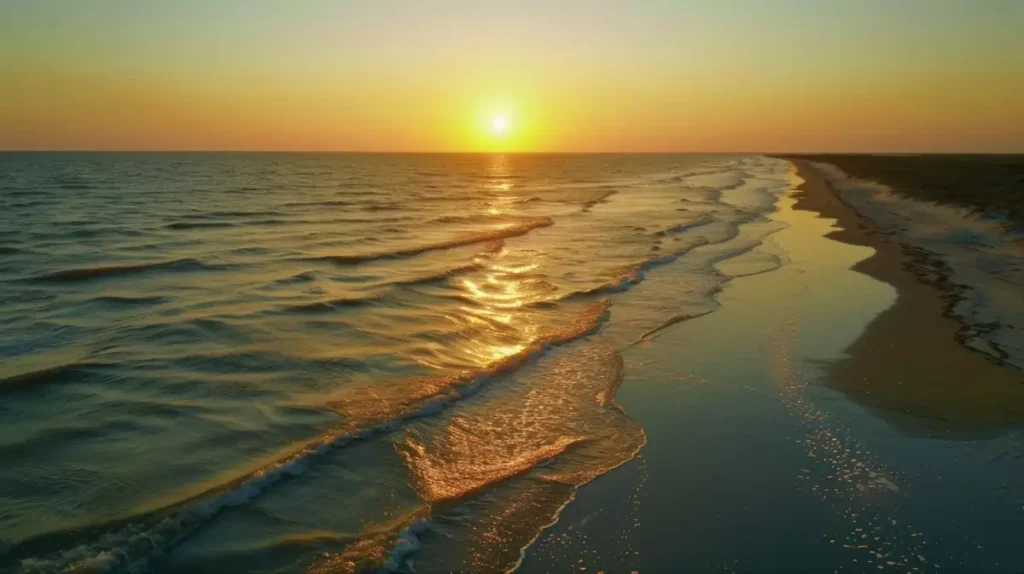 Sunset over ocean shoreline beach