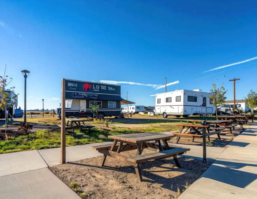 RV park featuring picnic tables and camper trailers